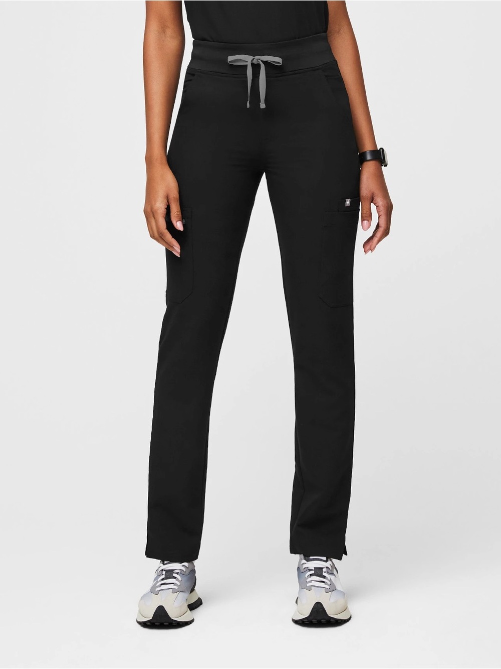Figs Women's Straight Leg Scrub Pants in Black with Gray Drawstring